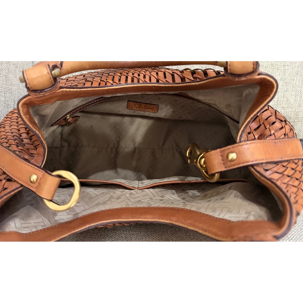 Cole Haan Woven Leather Hobo Bag Cognac Brown Satchel Gold Hardware - Picture 9 of 11